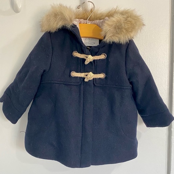Zara baby zip front/toggle button closure, removable fur lined hood wool coat - Picture 2 of 7